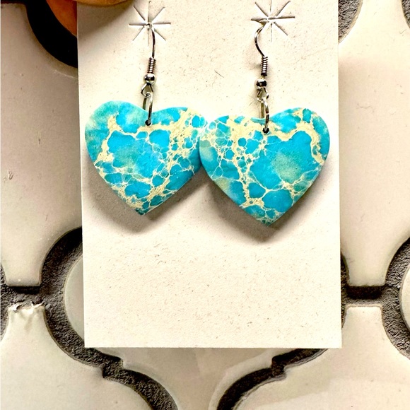 Jewelry - NWT Blue Indigo Genuine Turquoise Slab Heart Earrings